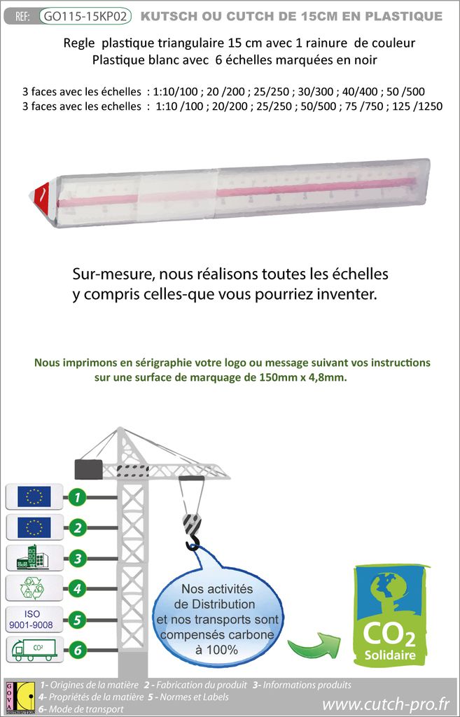 Kutch triangulaire en plastique de 15 cm avec impression des échelles et logo sur mesure - Objet publicitaire