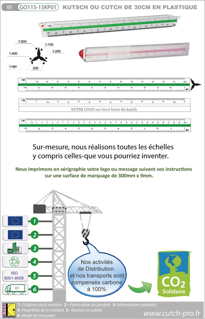 Kutch triangulaire en plastique de 30 cm avec impression des échelles et logo sur mesure - Objet publicitaire