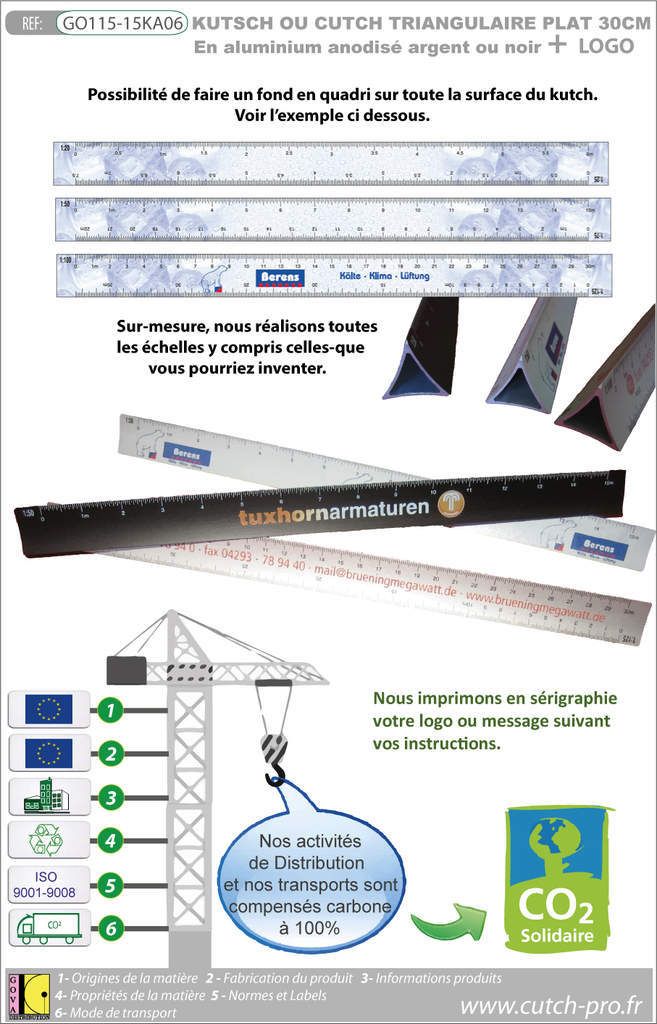 Kutch triangulaire plat de 30 cm en aluminium argent ou noir avec échelles imprimées sur mesure de fabrication européenne