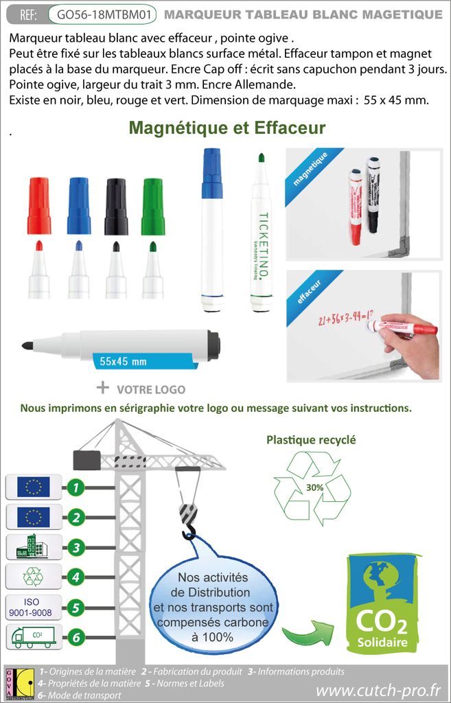 Marqueur tableau blanc professionnel magnétique avec effaceur - fabrication européenne