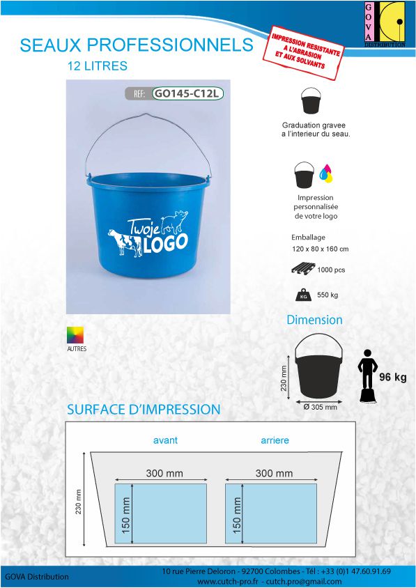 Seau en plastique de couleurs professionnel d'un volume de 12 litres avec impression de votre logo