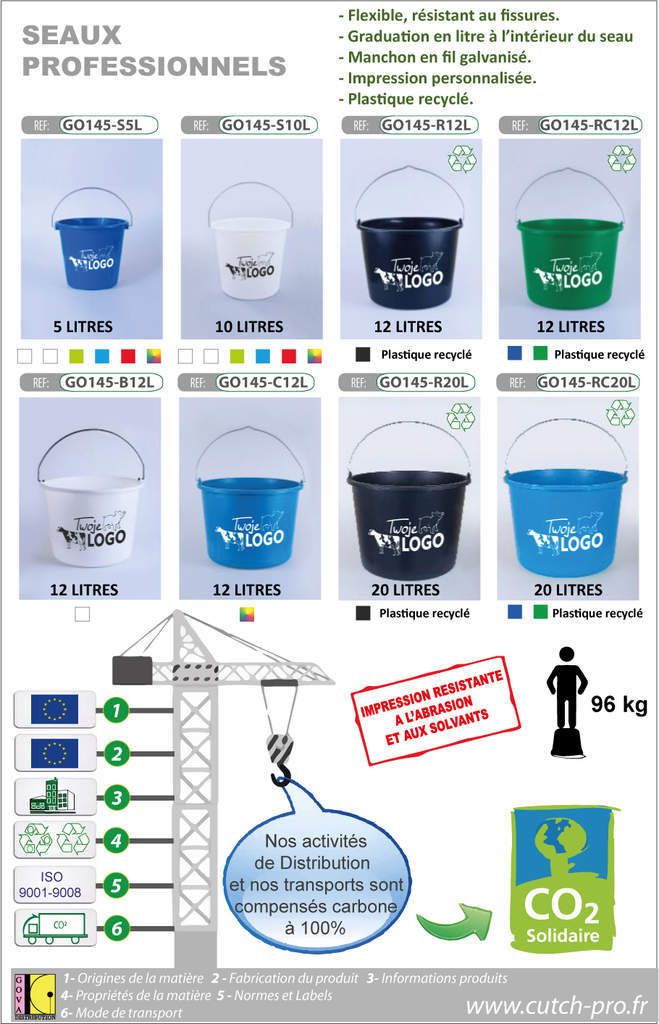 Seaux professionnels en plastique recyclé de 5L, 10L, 12L, 16L et 20 Litres  avec impression publicitaire - Kutch ou cutch professionnels - règles  graduées pour le bâtiment, l'industrie, les architectes, les corps