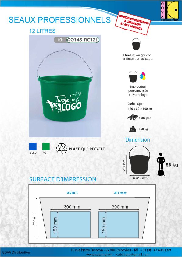 Seau en plastique recycle professionnel d'un volume de 12 litres avec impression de votre logo