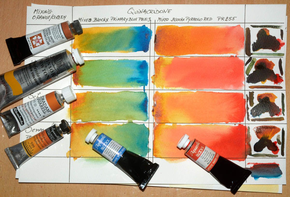 The mixes of 4 Quinacridone Gold with PB15:3 et du PR255 ( Blockx )
