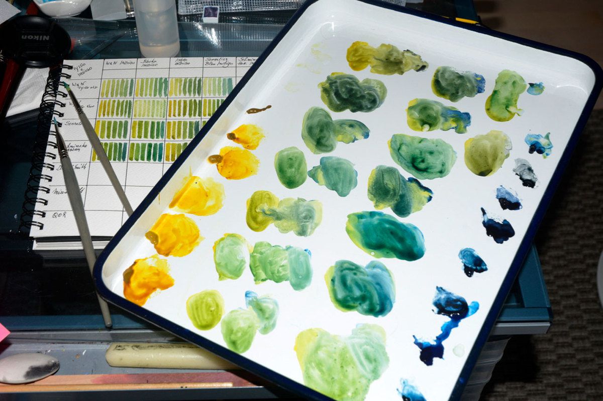 Comparaison Indigo avec Jaune Transparent PY150 en cours de réalisation