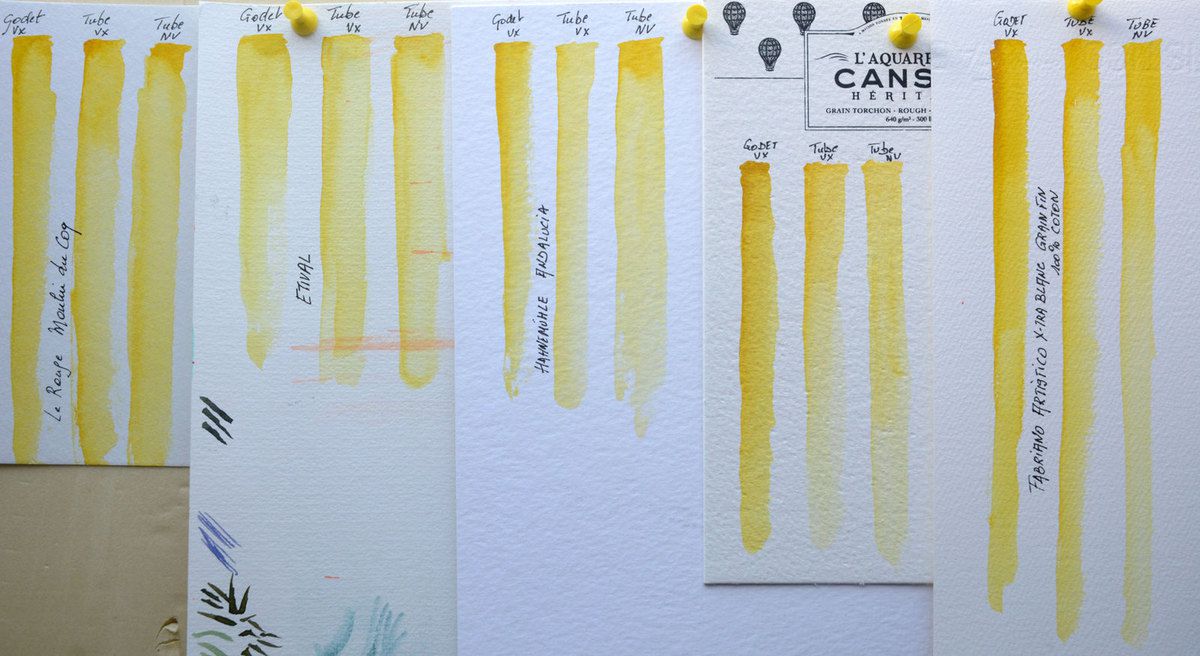 Winsor & Newton PY150 sur Moulin du Coq ROUGE, Etival, Canson Héritage et Fabriano Artistico extra blanc comparaison