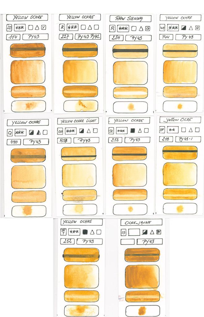 Yellow Watercolour Paint swatches based on pigment PY43