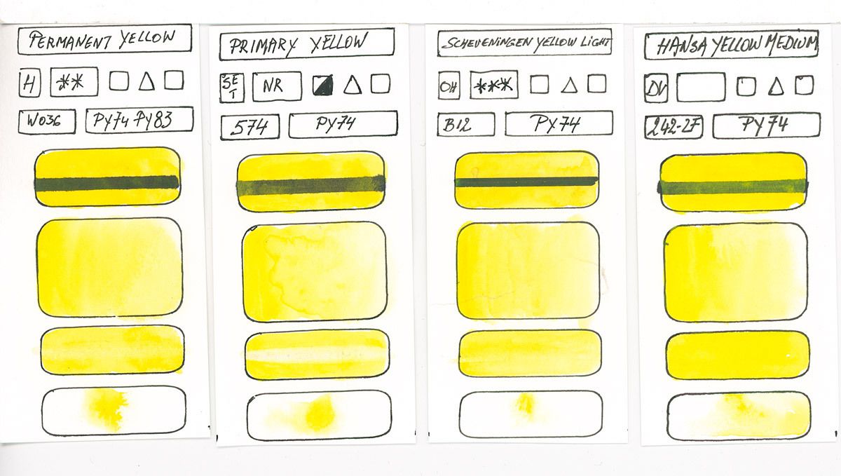 Yellow Watercolour Paint swatches based on pigment PY74
