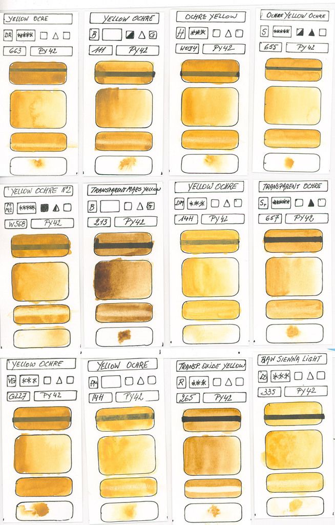 Yellow Watercolour Paint swatches based on pigment PY42