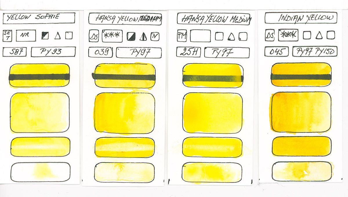 Yellow Watercolour Paint swatches based on pigment PY97