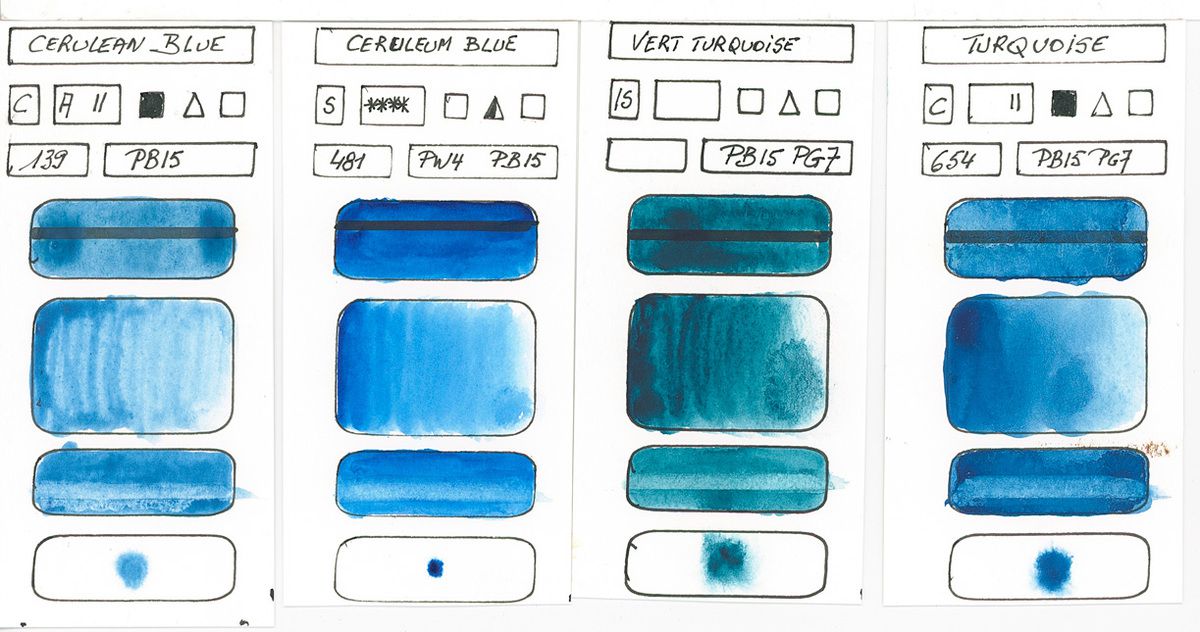Blues in watercolor paint based on PB15 pigment Copper Phthalocyanine (continued)