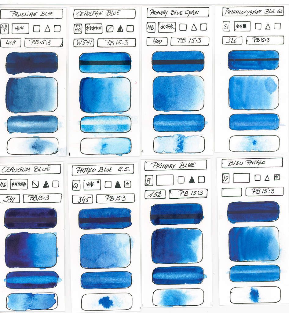 Blues in watercolor paint based on PB15:3 pigment Copper Phthalocyanine