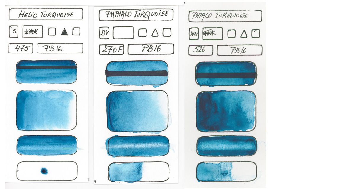 Blues in watercolor paint based on PB16 pigment Phthalocyanine