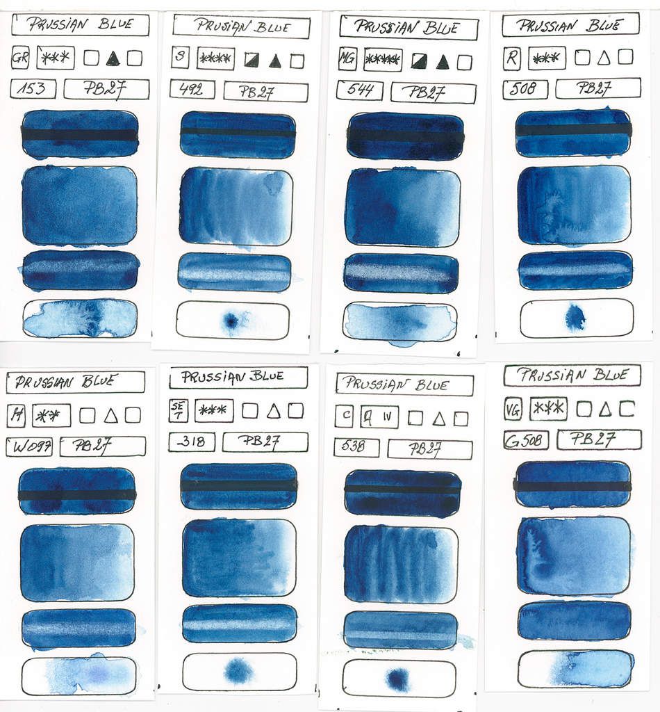Blues in watercolor paint based on the pigment PB27 Ferricyanide