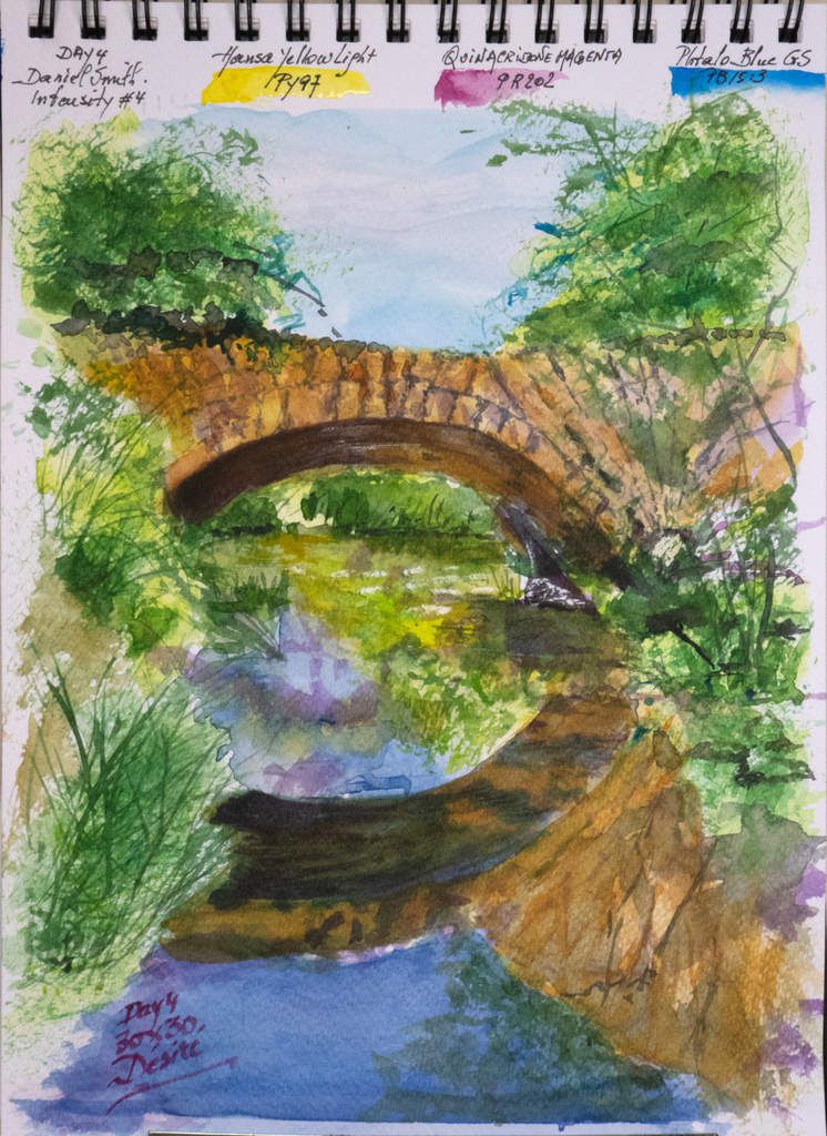 Pont sur l'Aigue-Brun aquarelle réalisé avec la triade "Intensité" avec peintures de Daniel Smith