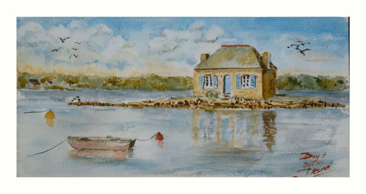 La Petite Maison de Saint Cado aquarelle de Désiré Herman créée avec la triade des opaques
