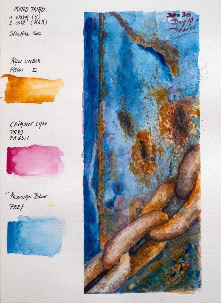 Coque de bateau avec chaîne. Aquarelle de Désiré Herman avec la triade de tons ternis