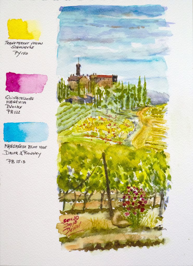 Vignoble Toscan aquarelle de Désiré Herman réalisée avec la triade High Key N°3