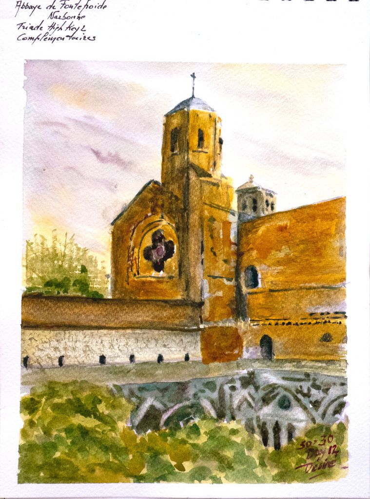 Watercolor of The Abbey of Fontefroide by Désiré Herman using the triad High Key 2