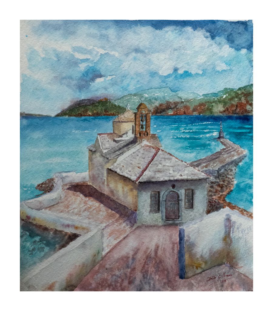 Small Church Skopelos Grece watercolor painting by Désiré G. Herman