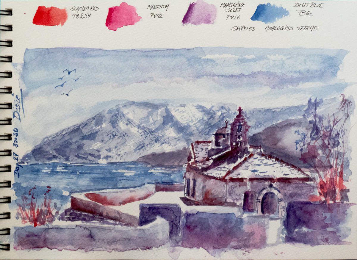 Watercolor painting with only 4 pigments and 2 violet ones by Désiré Herman