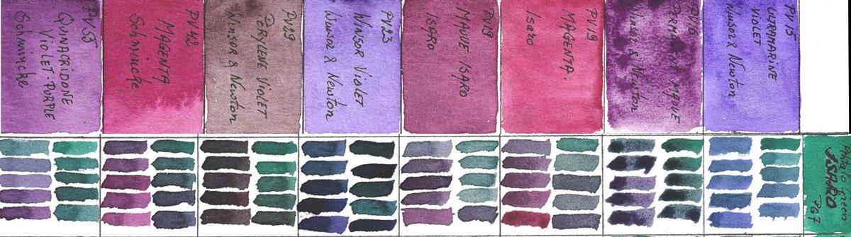 Mixes of Violet Watercolors with PG7 Pthtalo Green