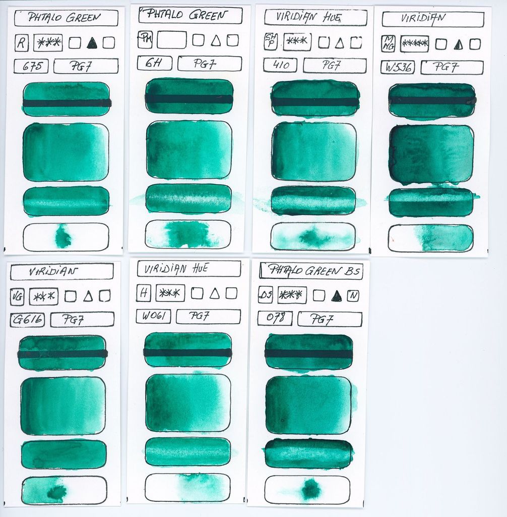 Echantillons des verts de différentes marques à base du pigment PG7