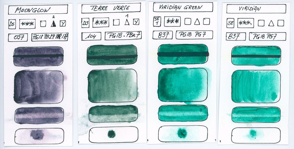 Echantillons des Aquarelles à base du pigment PG18 et autres pigments