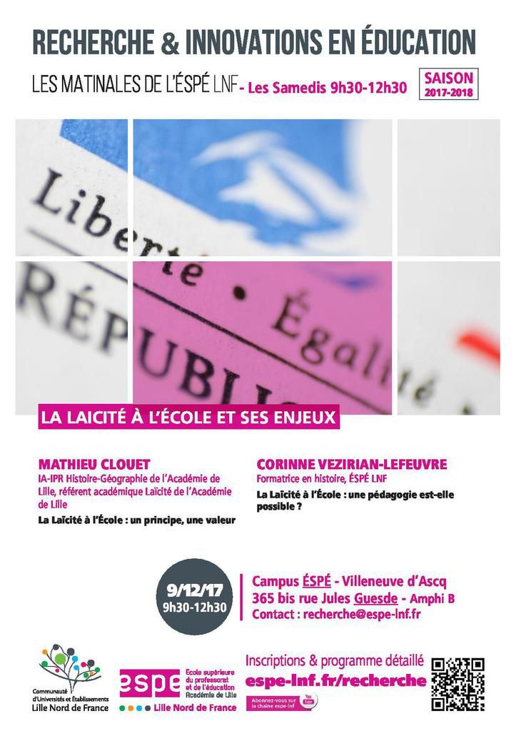La laïcité à l'école et ses enjeux : une conférence à l'ESPE de Villeneuve d'Ascq le 9 décembre