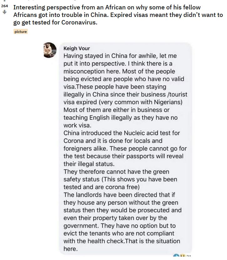 Point de vue intéressant d'un Africain sur les raisons pour lesquelles certains de ses compatriotes africains ont eu des ennuis en Chine. Les visas expirés signifiaient qu'ils ne voulaient pas se faire tester pour le coronavirus.