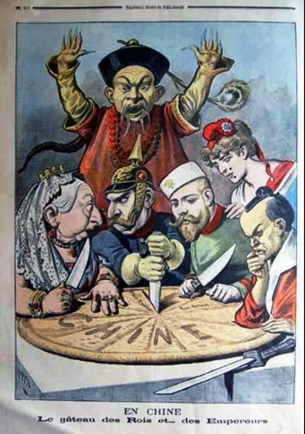 En Chine - Le gâteau des Rois et... des Empereurs” Caricature politique française de la fin des années 1890. Une galette des Rois représentant la Chine est partagée par Victoria du Royaume-Uni, Guillaume II d'Allemagne, Nicolas II de Russie, la Marianne française et l’Empereur Meiji du Japon.