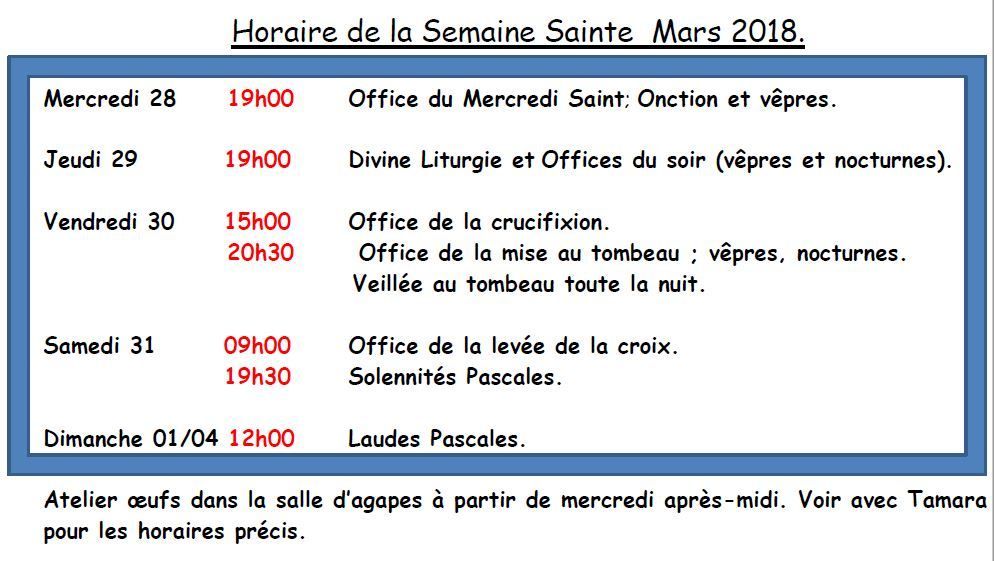 Horaire de la Semaine Sainte 2018 à la paroisse orthodoxe Saint Athanase et Saint Amand de Lillois