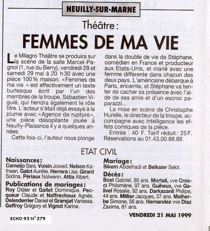 Femmes de ma vie de S. Viguié à la salle Marcel Pagnol de Neuilly-sur-Marne (1999)
