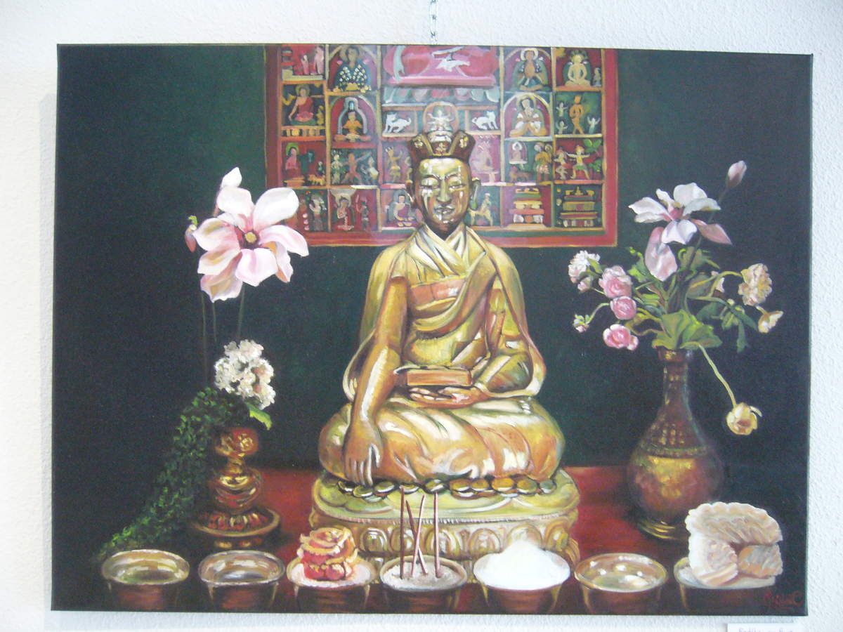 Bouddha aux fleurs, huile sur toile