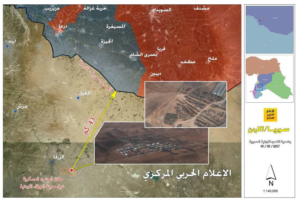 Carte de la base américaine supposée en Jordanie. En bleu : les zones contrôlées par les rebelles ; en rouge : les zones contrôlées par les forces gouvernementales (cliquez pour faire défiler).