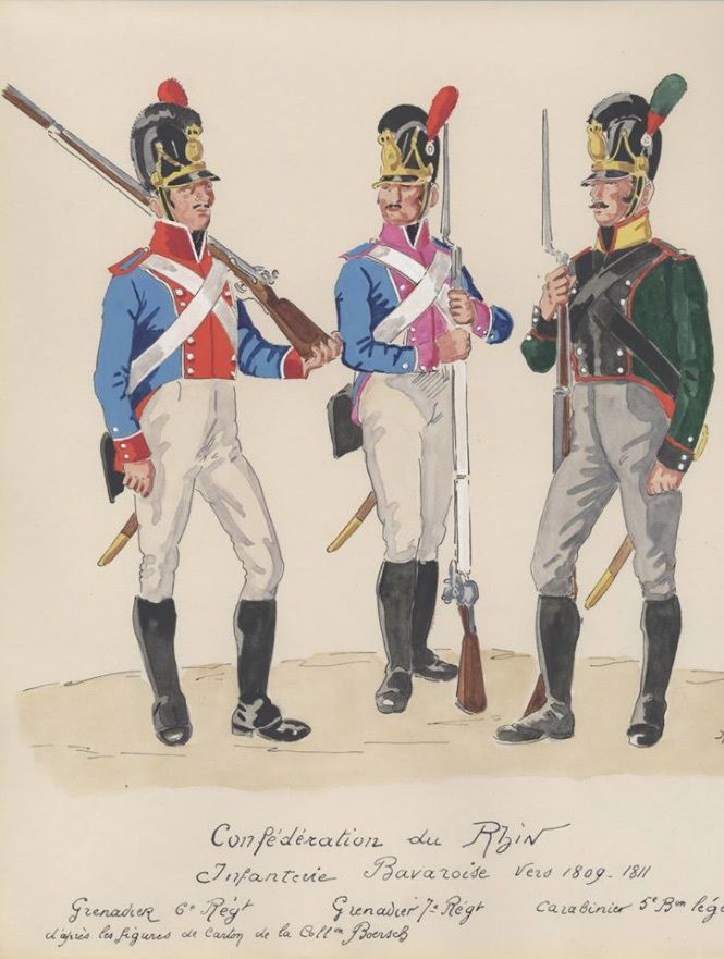 Soldats Bavarois.  La Bavière était alliée fidèle de Napoléon jusqu'en 1813, et faisait partie de la Confédération du Rhin. 