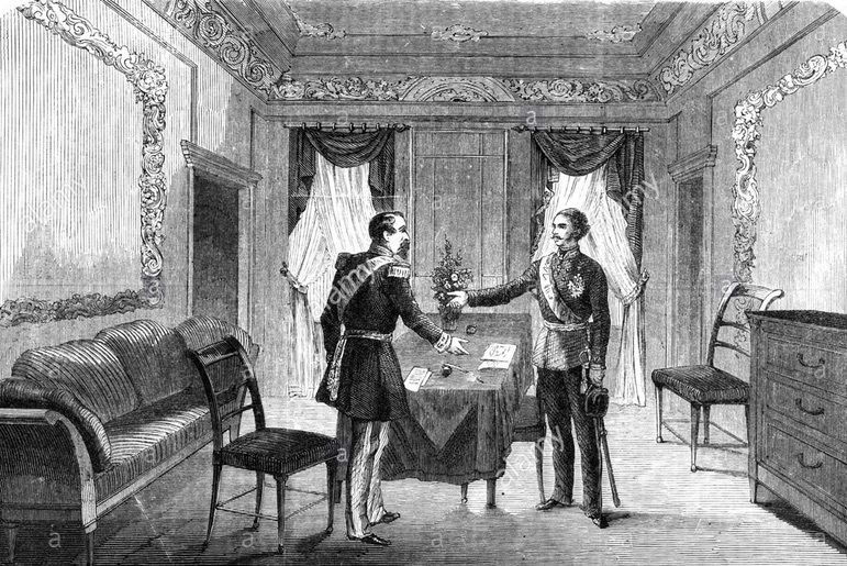 Rencontre entre l'empereur Napoléon III de France et l'empereur François-Joseph d'Autriche à Villafranca, 11 juillet 1859, gravure sur bois. Source photo : Alamy.