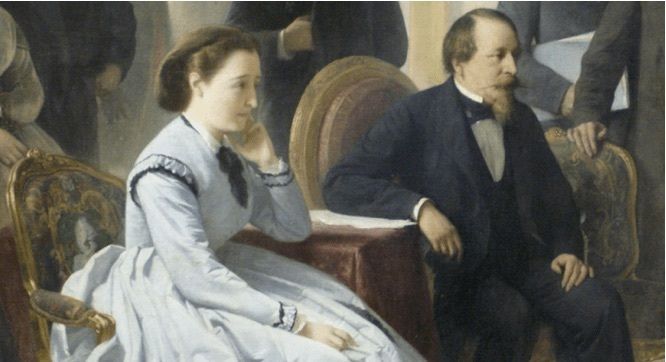 Détail d’un tableau représentant Napoléon III et Eugénie qui se font présenter les plans pour l’aménagement du Louvre par l’architecte Visconti. Par Ange Tessier, 1865, château de Versailles