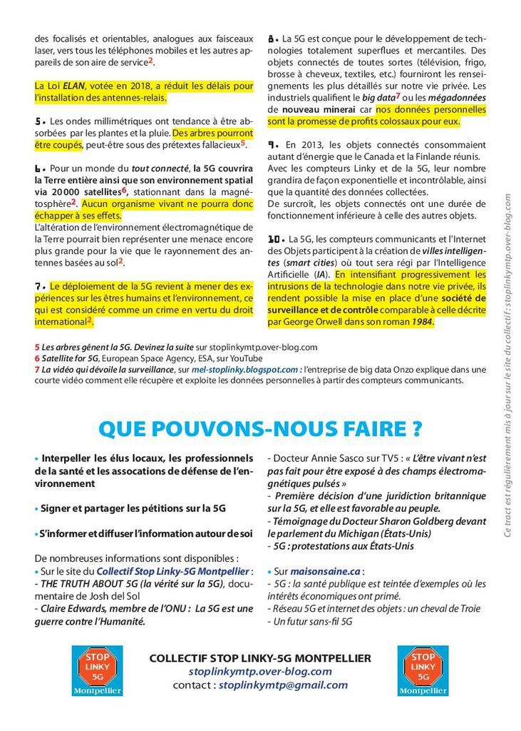 Tract &quot;5G&quot; du Collectif Stop Linky-5G Montpellier, MAJ de Février 2019