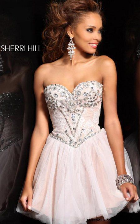 Ivory Silver Short Sherri Hill 21156 Lace Prom Dress