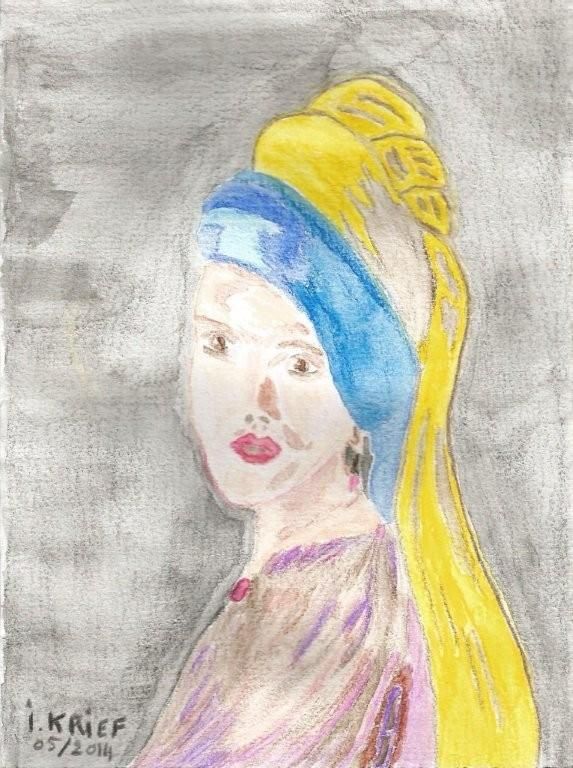 carte postale d'art reproduction aquarelle, la jeune fille de wermer, femme, robe mauve, parme, marron, grise, turban, foulard jaune, bleu, visage souriant, rouge à lèvre, fond gris, la jeune fille de wermer, oeuvre d'isabelle krief