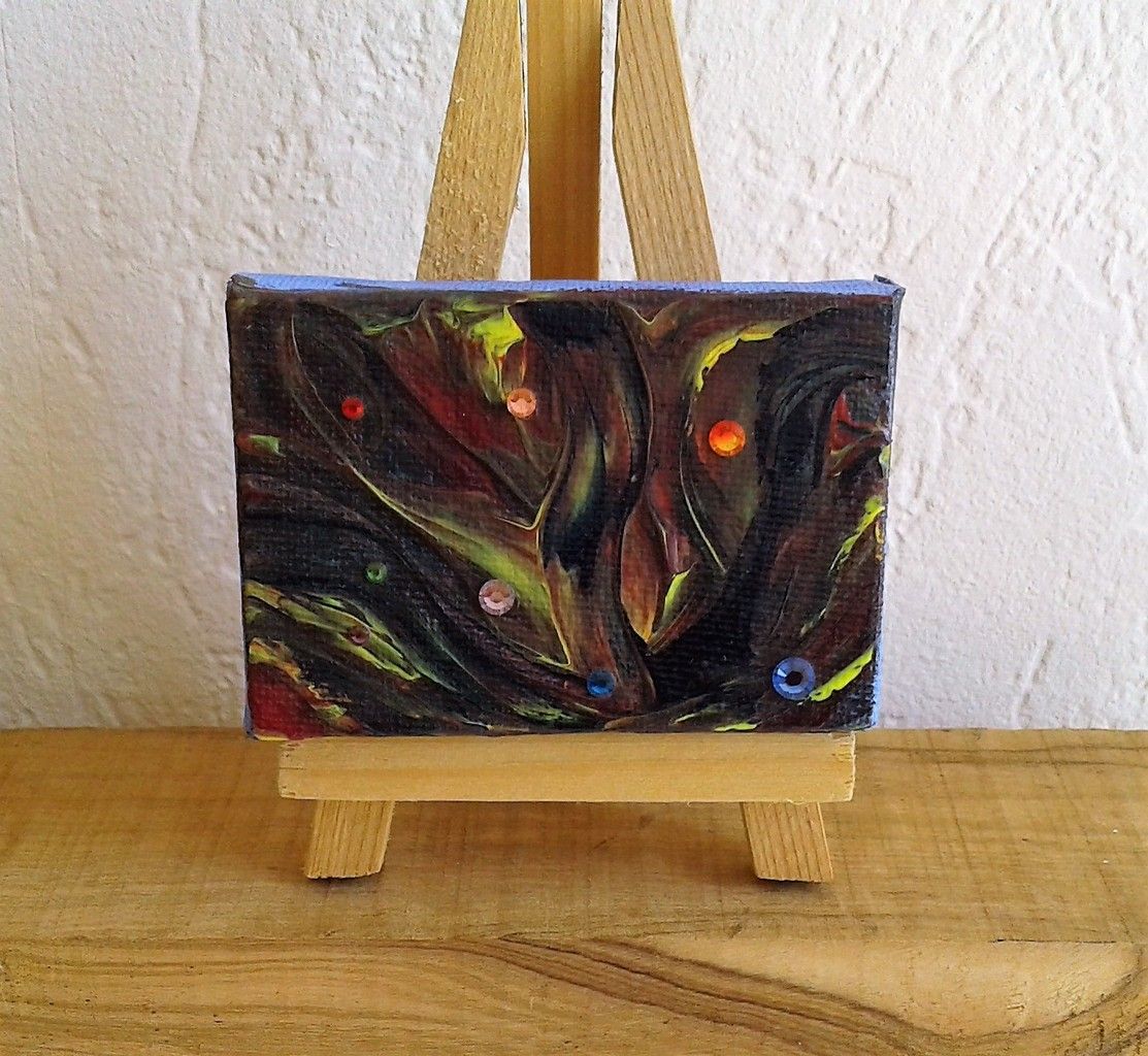 forêt magique,Mini tableau mixte,5x7cm,acrylique et cristal swarovski,peint, lucioles, elfes, arbres, vent, nuit, fantastique, feerique, par artiste, signe, original, ikrief