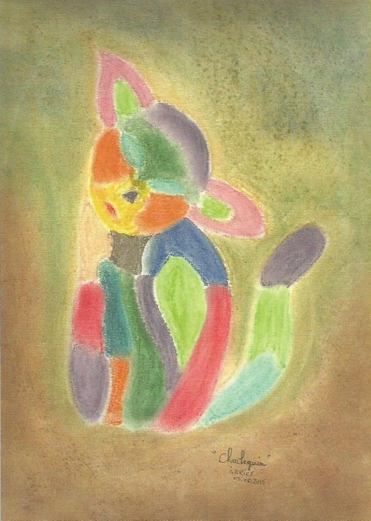 Carte postale impression tableau peint pastel chat colore,charlequin,oeuvre artistique d isabelle krief,le chat est assis,bleu vert rose rouge violet jaune orange,carte postale format A6,bobo boho gothique,abstrait fantastique,cadeau fete anniversaire noel