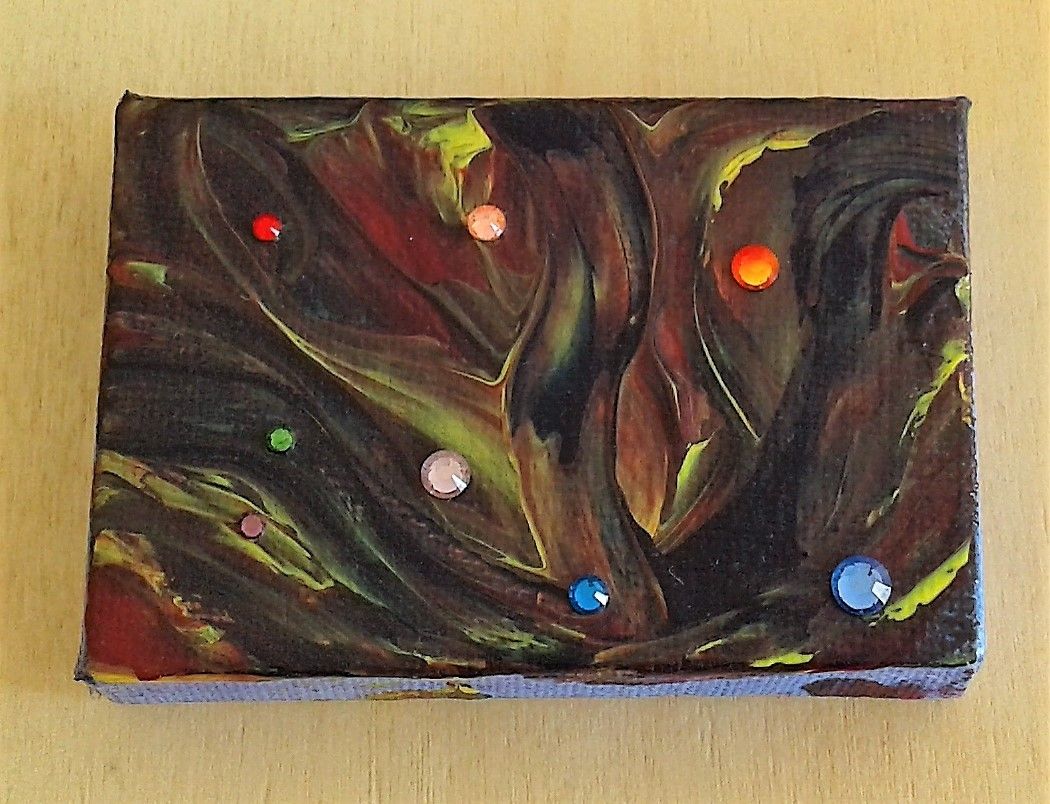 forêt magique,Mini tableau mixte,5x7cm,acrylique et cristal swarovski,peint, lucioles, elfes, arbres, vent, nuit, fantastique, feerique, par artiste, signe, original, ikrief