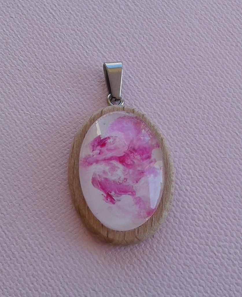 Peint, par artiste, pendentif, bois, naturel,oval,cabochon oval 18x25mm,blanc,rose,belière inox,argente,bohème,gothique,chic,bijou femme,homme,serie rose,lacik,bik046,art nouveau,fantastique