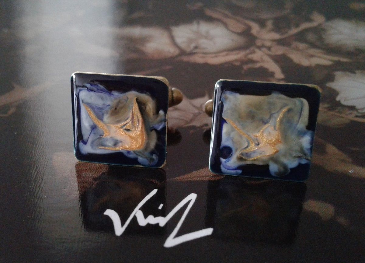 Peints par artiste,boutons manchette carrés bronze,art nouveau abstrait fantastique,bleu gris marron noir or,fait mains en france,boheme gothique,accessoire homme unisexe