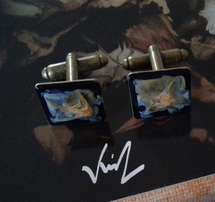 Peints par artiste,boutons manchette carrés bronze,art nouveau abstrait fantastique,bleu gris marron noir or,fait mains en france,boheme gothique,accessoire homme unisexe