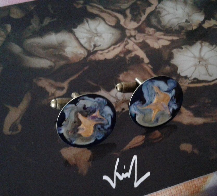 Peints par artiste,boutons manchette ronds bronze,art nouveau abstrait etoile geometrique,bleu violet noir or gris,fait mains en france,boheme gothique fantastique