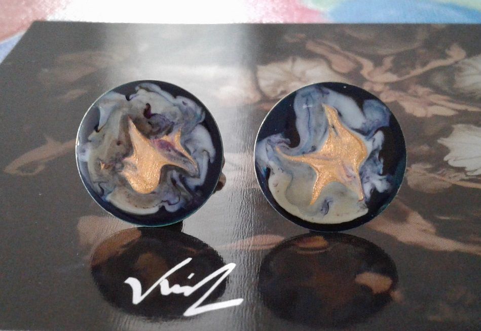 Peints par artiste,boutons manchette ronds bronze,art nouveau abstrait etoile geometrique,bleu violet noir or gris,fait mains en france,boheme gothique fantastique