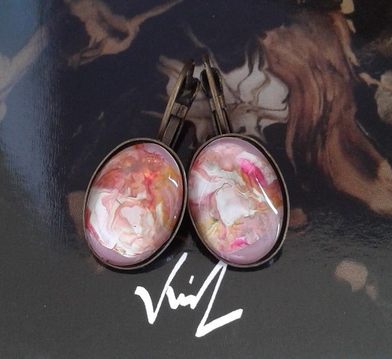 peint artiste française,bouquet fleur fantastique,dormeuses boucles oreilles percées,bronze rouge rose orange,jaune blanc,bijou femme,art nouveau baroque boho,gothique bobo,cadeau fete anniversaire,fait mains en france,bijou unique peint
